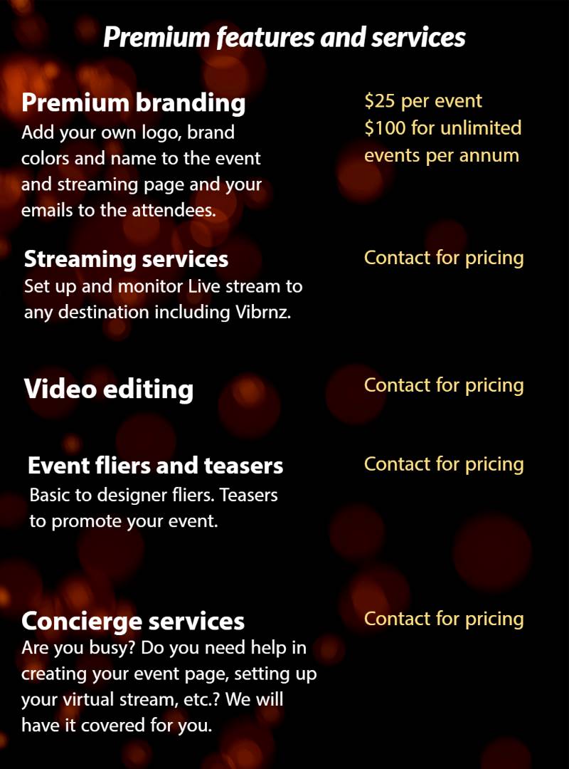 Vibrnz pricing Premium pricing for events